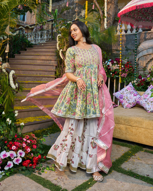 Tabeer Handblock Cotton Gotapatti Sharara Set