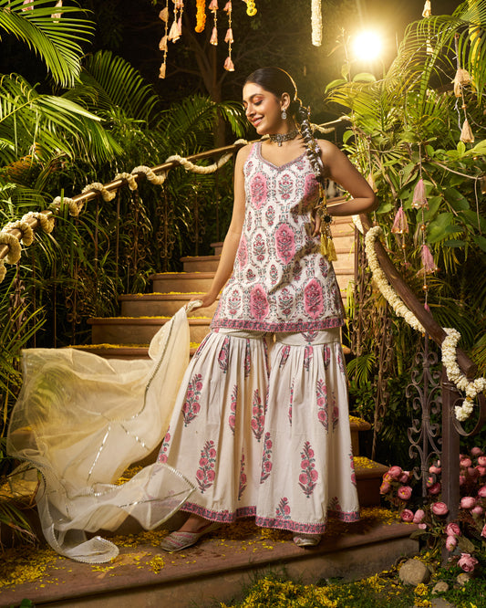 Barq Handblock Cotton Gotapatti Sharara Set